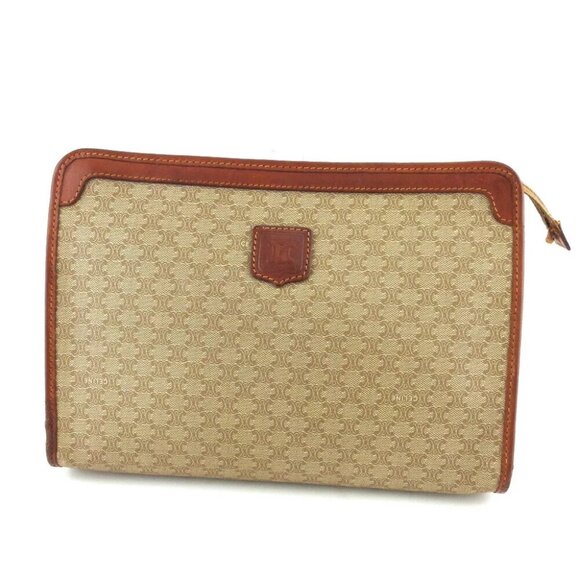 CELINE Clutch Bag Macadam Beige PVC ?~ Leather Authentic - Picture 1 of 9